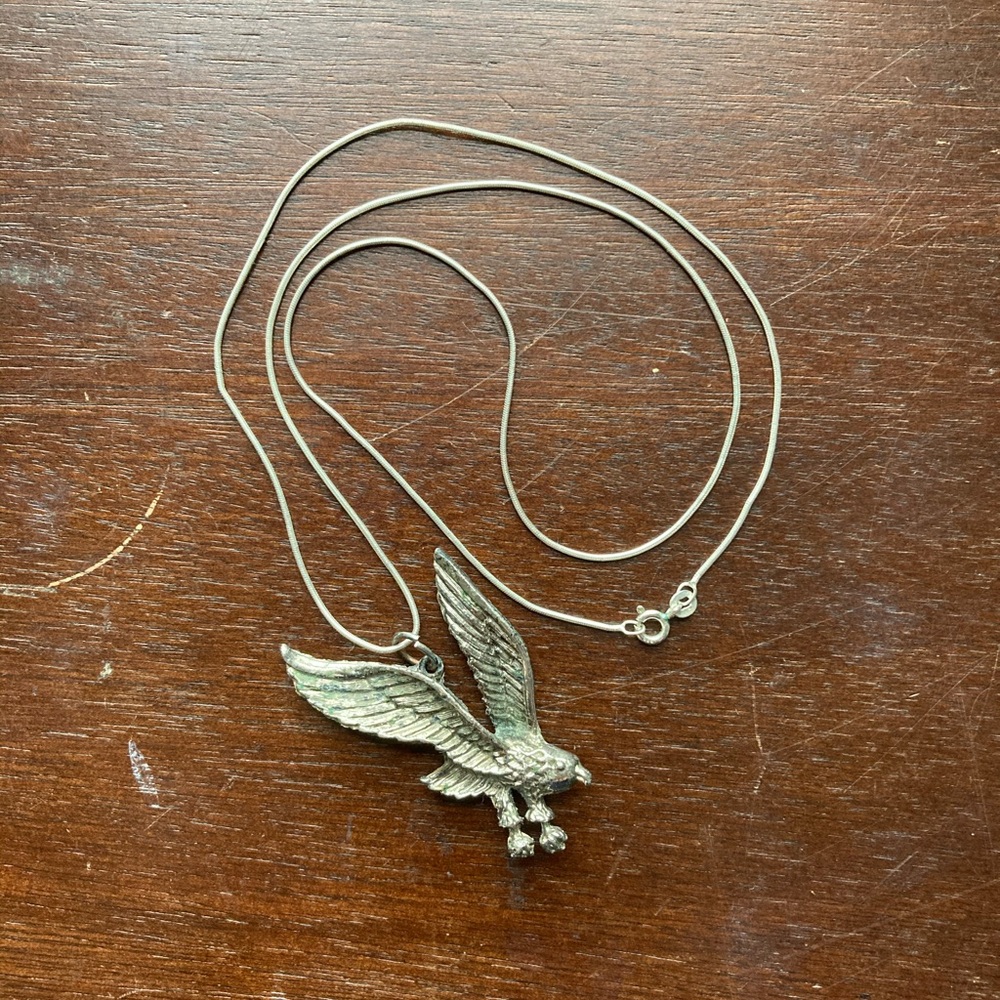 Biker Style Eagle Pendant on Silver Chain Necklace